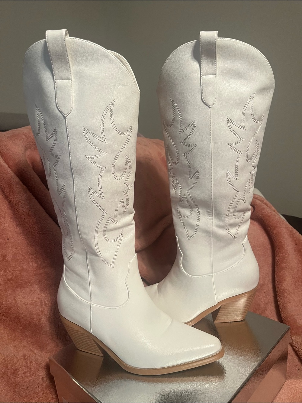 Women's White Western Knee-High Heeled Boots
